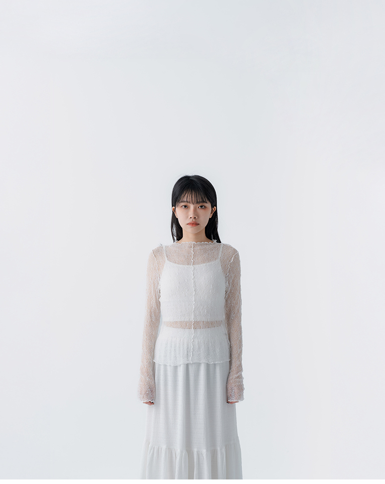 Lace jacquard sheer ruffled long-sleeved top - white【01099497】in stock+pre-order