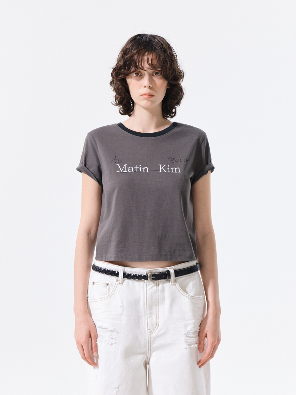 羅紋滾邊LOGO短版上衣 炭灰