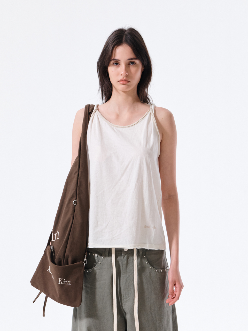 扭結細節無袖上衣 奶油色