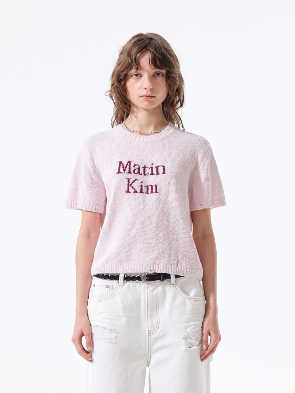 LOGO提花半袖針織上衣女款 粉紅色