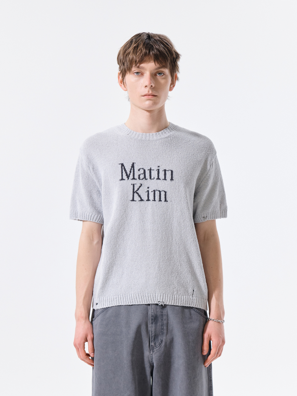 LOGO提花半袖針織上衣男款 淺灰