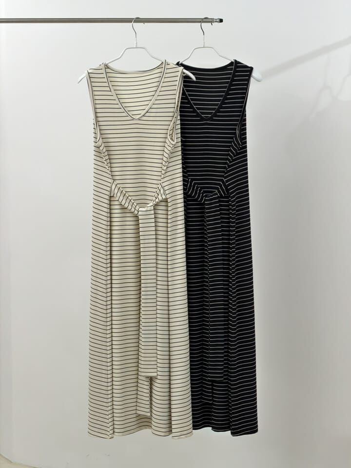 SA6009 條紋綁腰背心連身裙