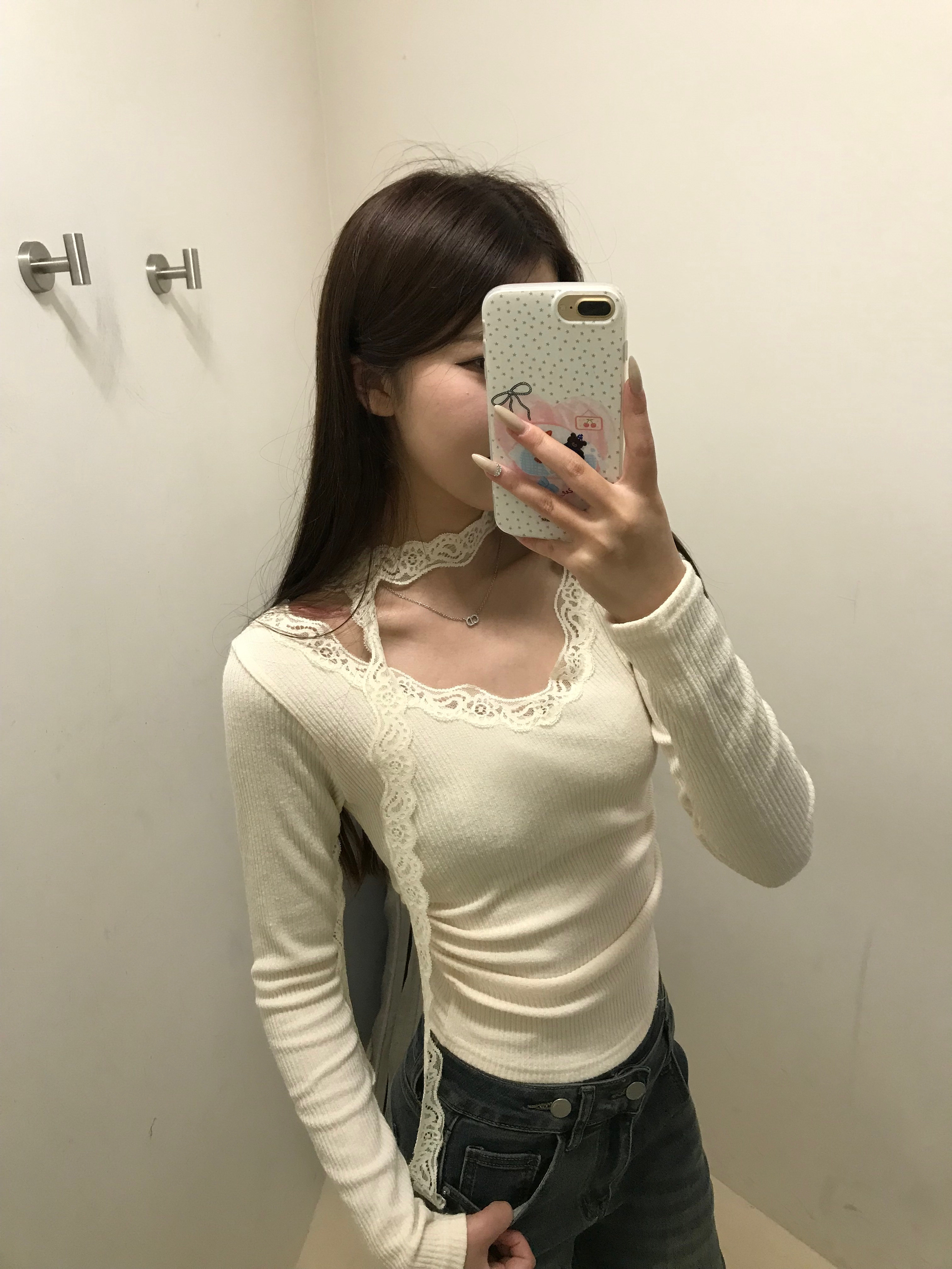 🇰🇷Korea”正韓側腰抓皺掛脖蕾絲針織上衣🫧🤍