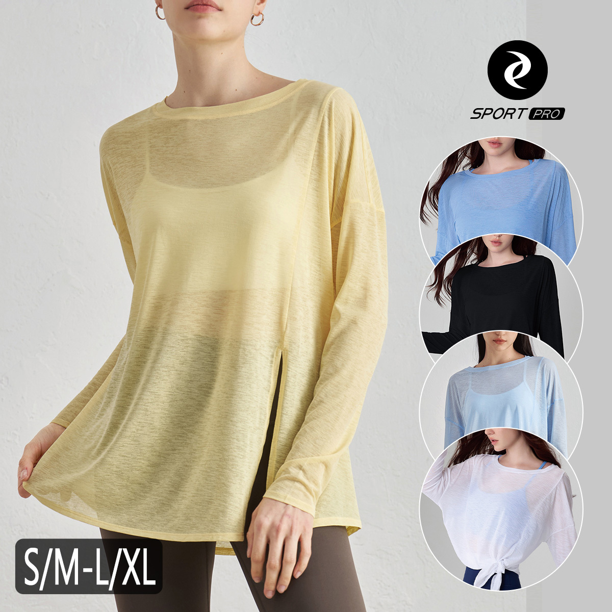 竹節紗寬鬆裸感圓領開叉瑜珈/運動/機能長袖