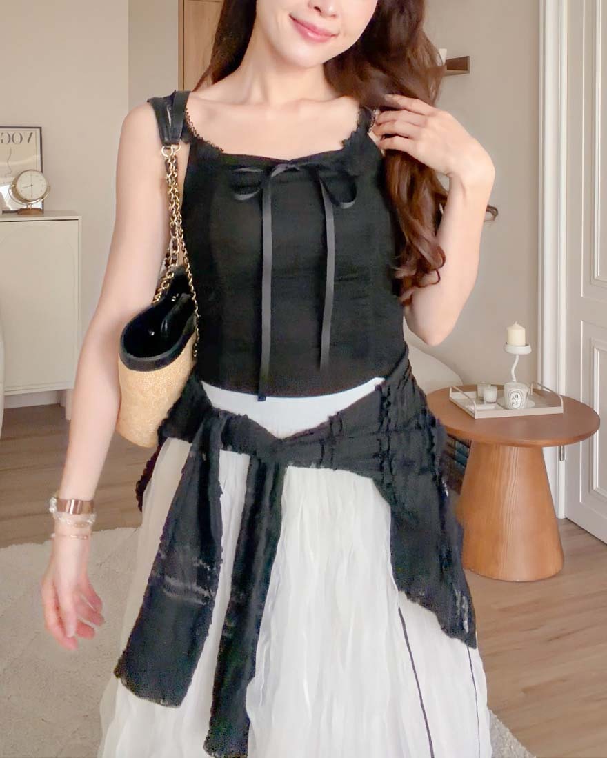 LINA LINA微辣甜度蝴蝶結蕾絲抓皺BRA TOP上衣-唯美黑
