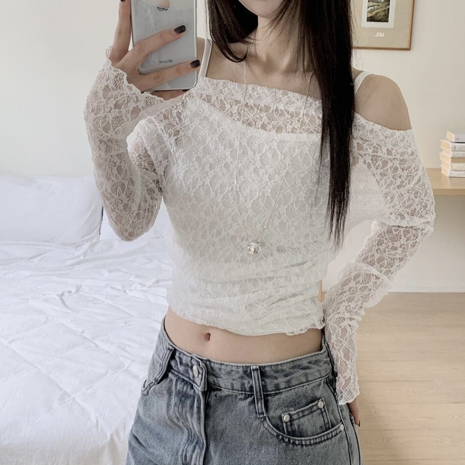 ❥韓國爆款 蕾絲一字領 兩件式套裝