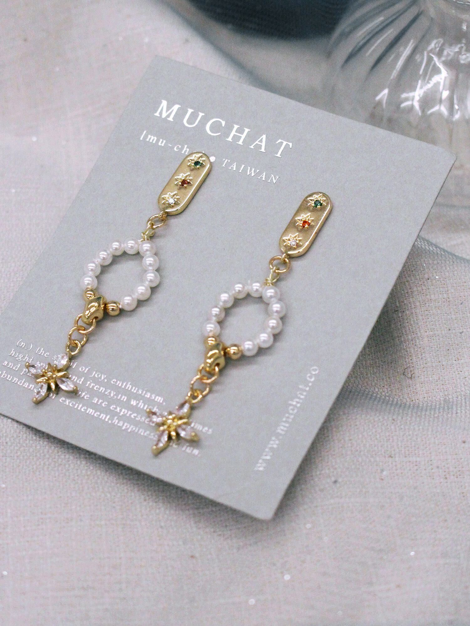 蠻蠻小陽台。MUCHAT手作14KGP鋯石星芒珍珠純銀針耳環