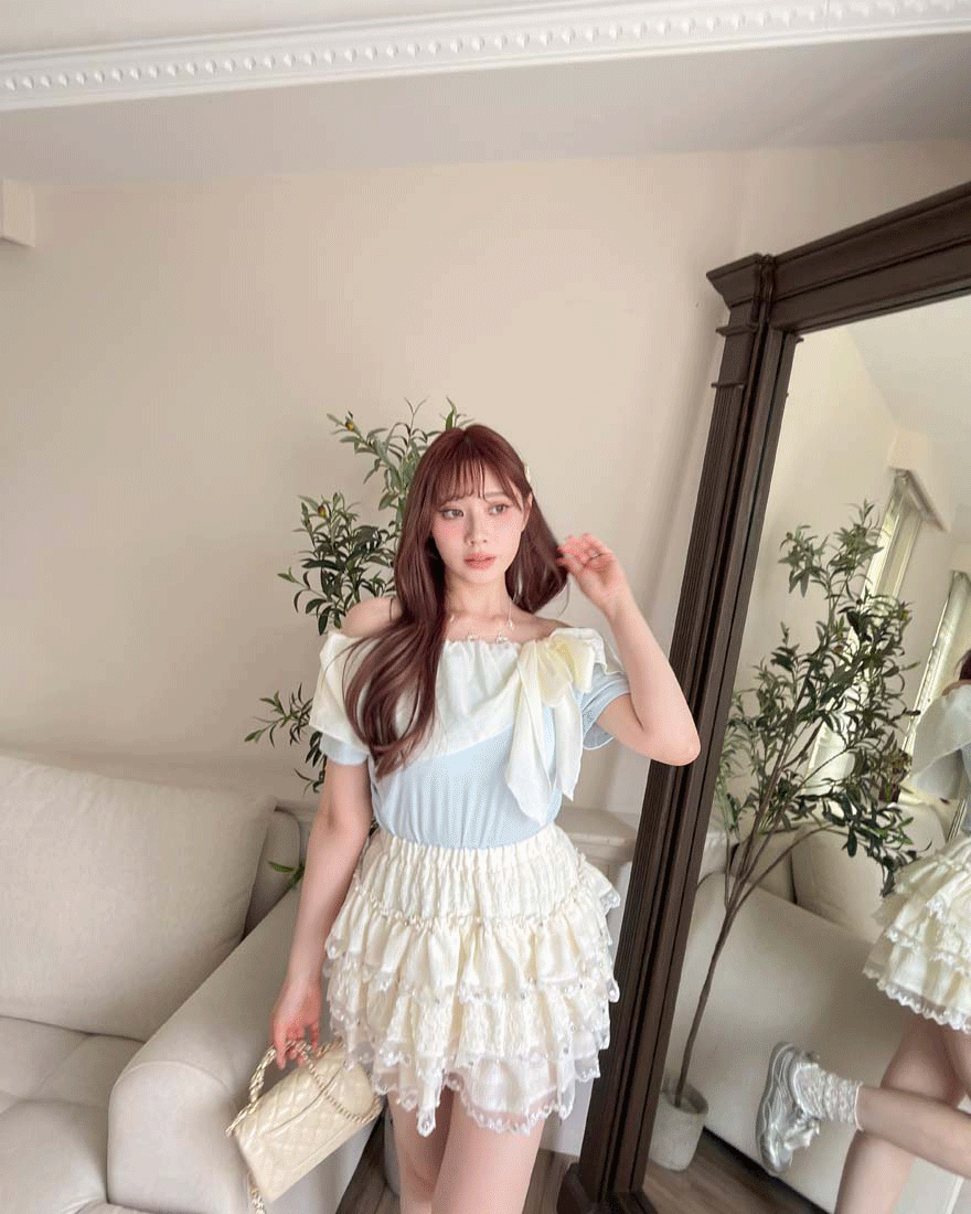 LINA LINA精緻蜜漾鑽石珍珠網紗層次滾邊褲裙-奶油杏