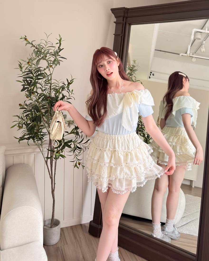 LINA LINA精緻蜜漾鑽石珍珠網紗層次滾邊褲裙-奶油杏