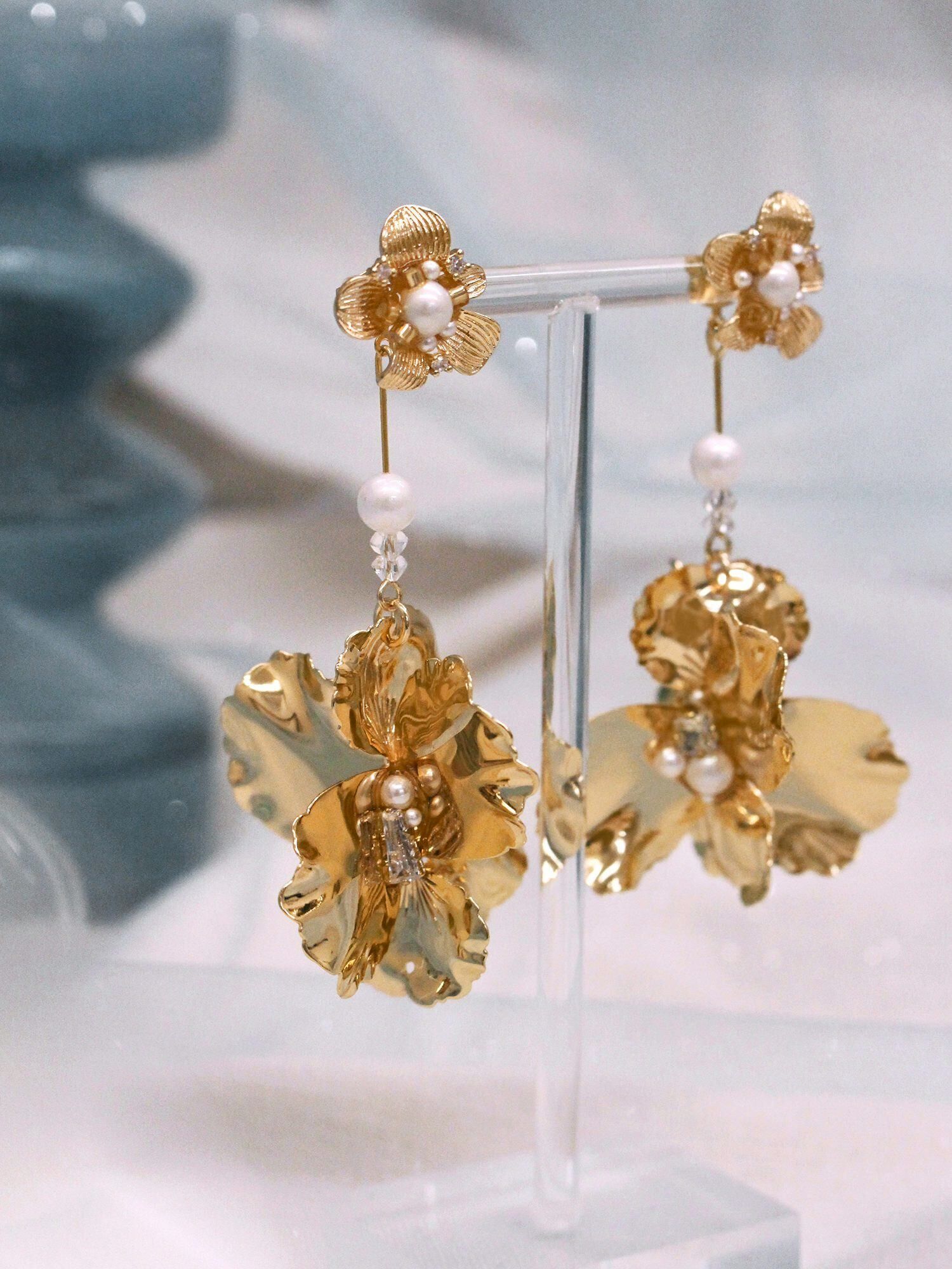 追光者。MUCHAT手作14KGP立體雙花珍珠純銀針耳環