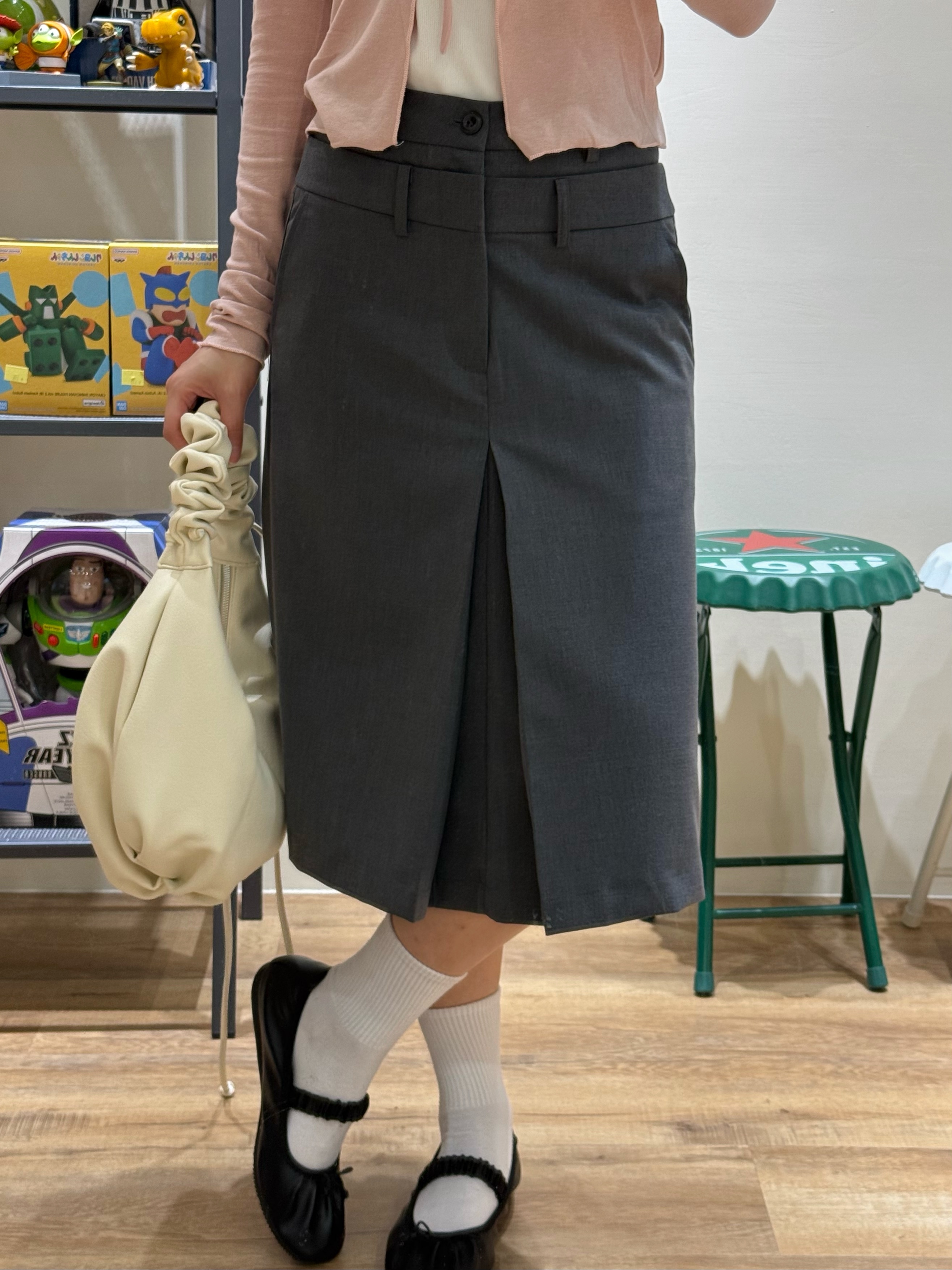 雙褲頭設計質感褶皺中裙 (灰)