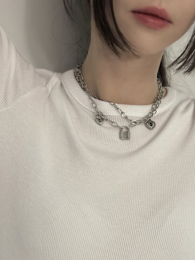 韓國限定🇰🇷 OFUSE 3 lock choker 愛心鎖 鎖頭 鎖骨鏈 鎖骨鍊 疉戴 雙層 項鍊 項鏈 不鏽鋼材質 / 預購