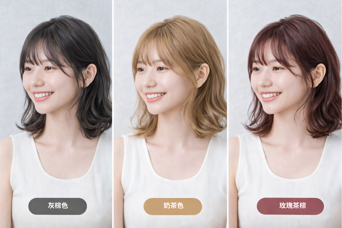 灰棕、奶茶、玫瑰茶棕髮色對比