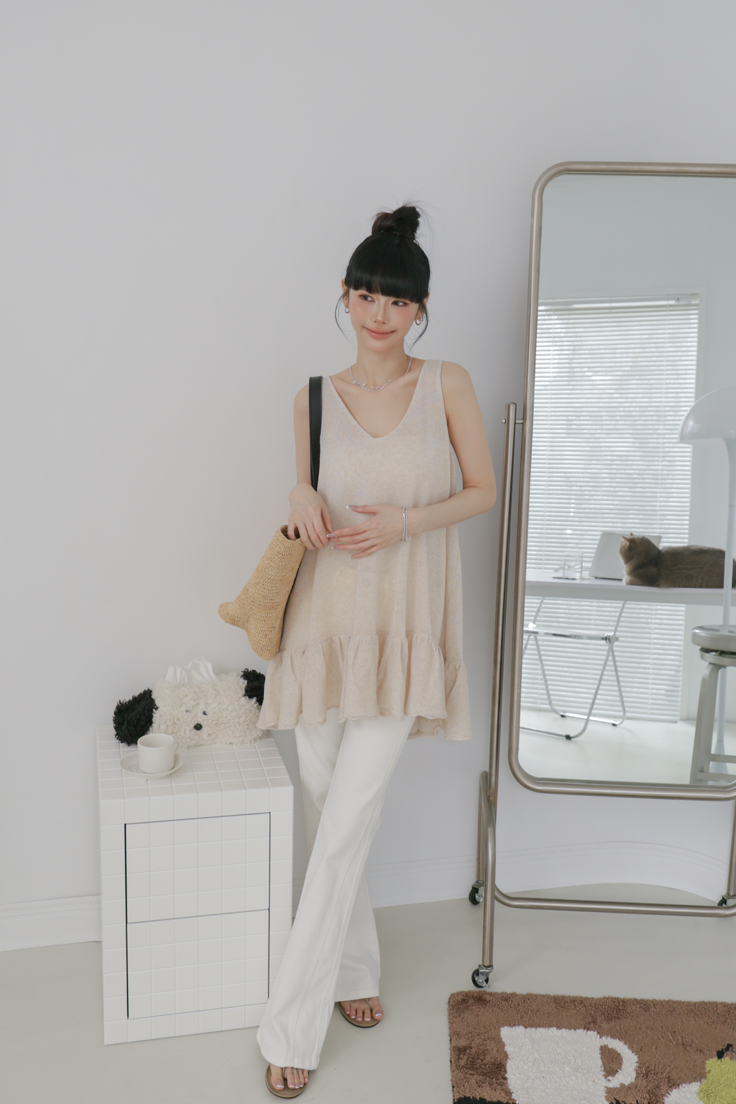 後綁帶下擺荷葉針織長版背心 P37