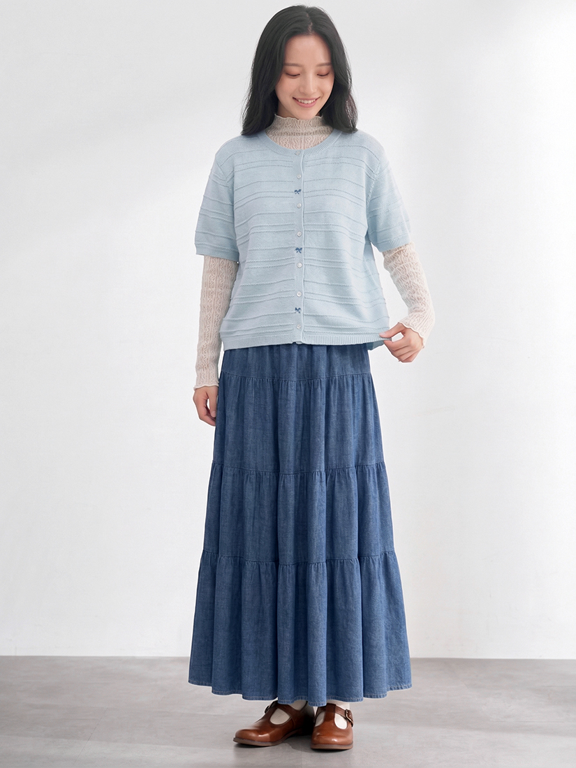 織紋棉麻針織上衣透膚小立領上衣薄棉牛仔長裙組合