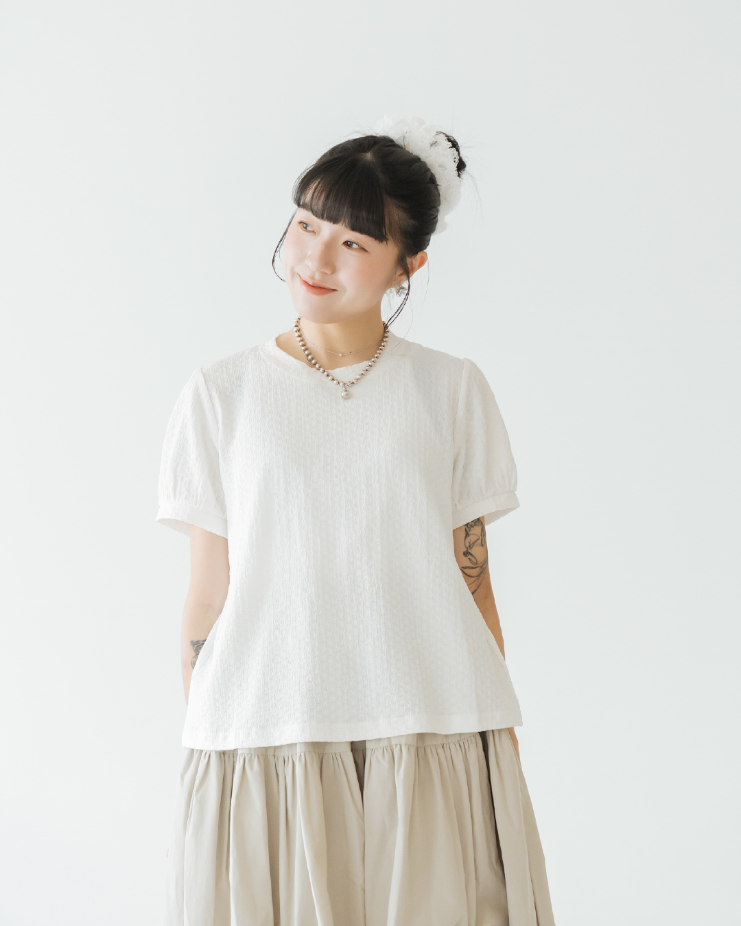 【 Kiki.co made 】Puff Sleeve Waffle Tee - Ivory