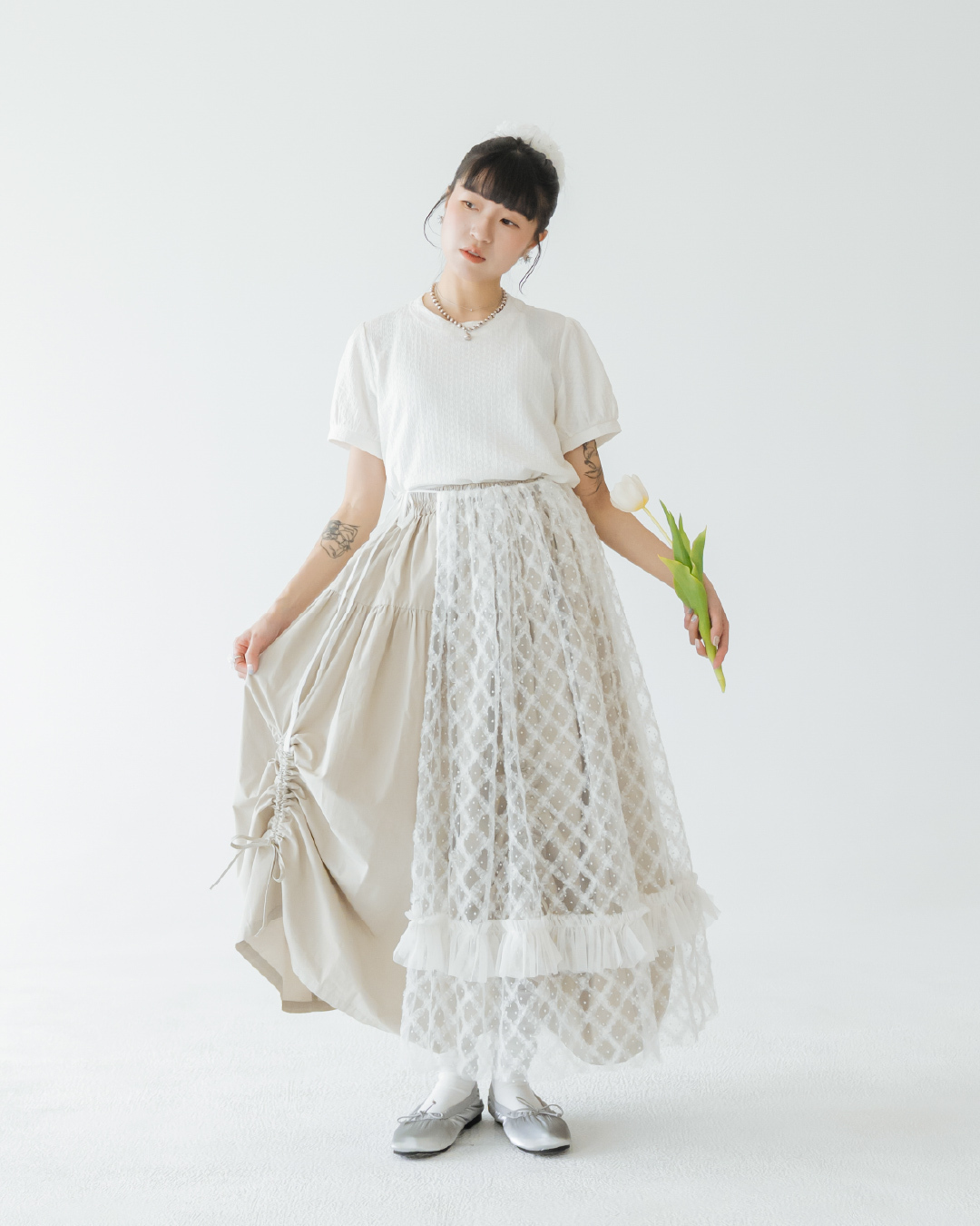 【 Kiki.co made 】Puff Sleeve Waffle Tee - Ivory
