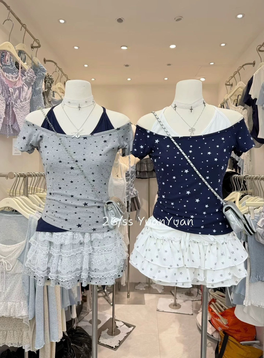 (GOAL) 滿版星星一字領上衣 拼接假兩件 318