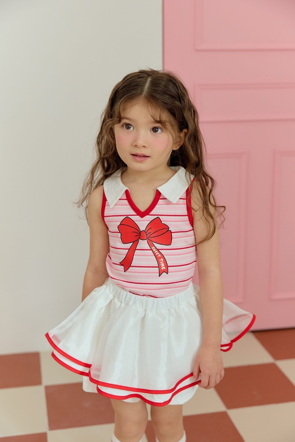 正韓夏SERA 2色點點條紋蝴蝶結無袖上衣