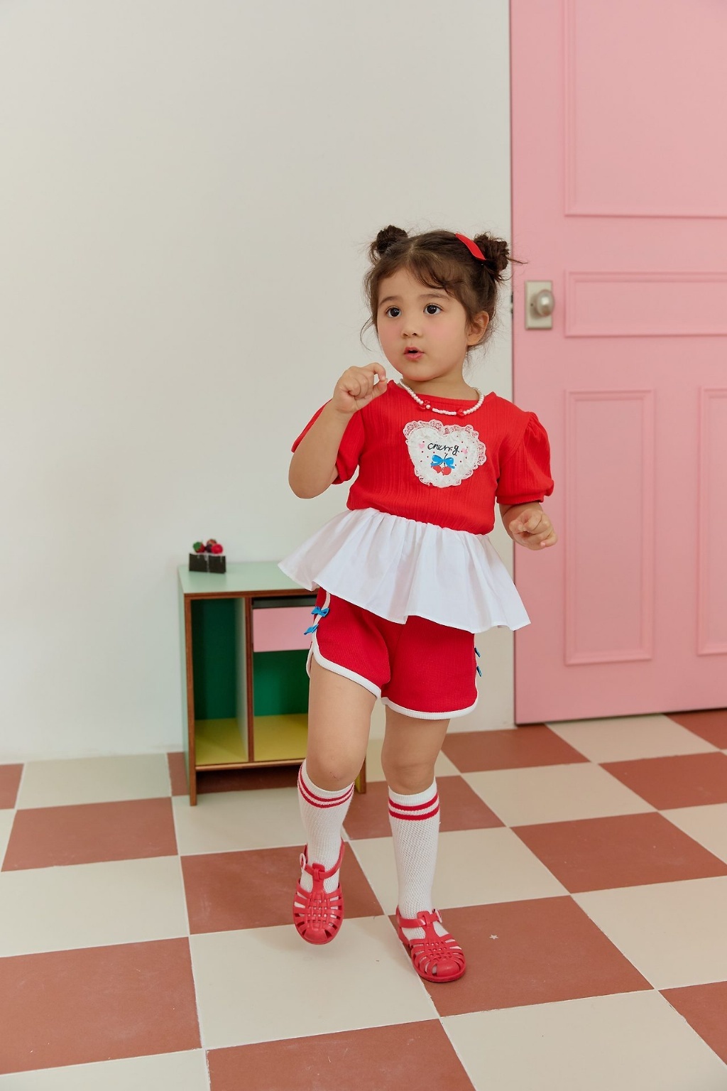 正韓夏SERA 2色點點櫻桃拼接上衣