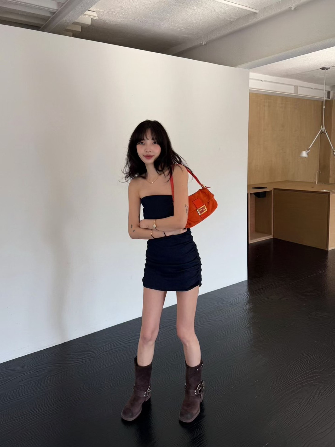 牛仔抓褶抹胸洋裝