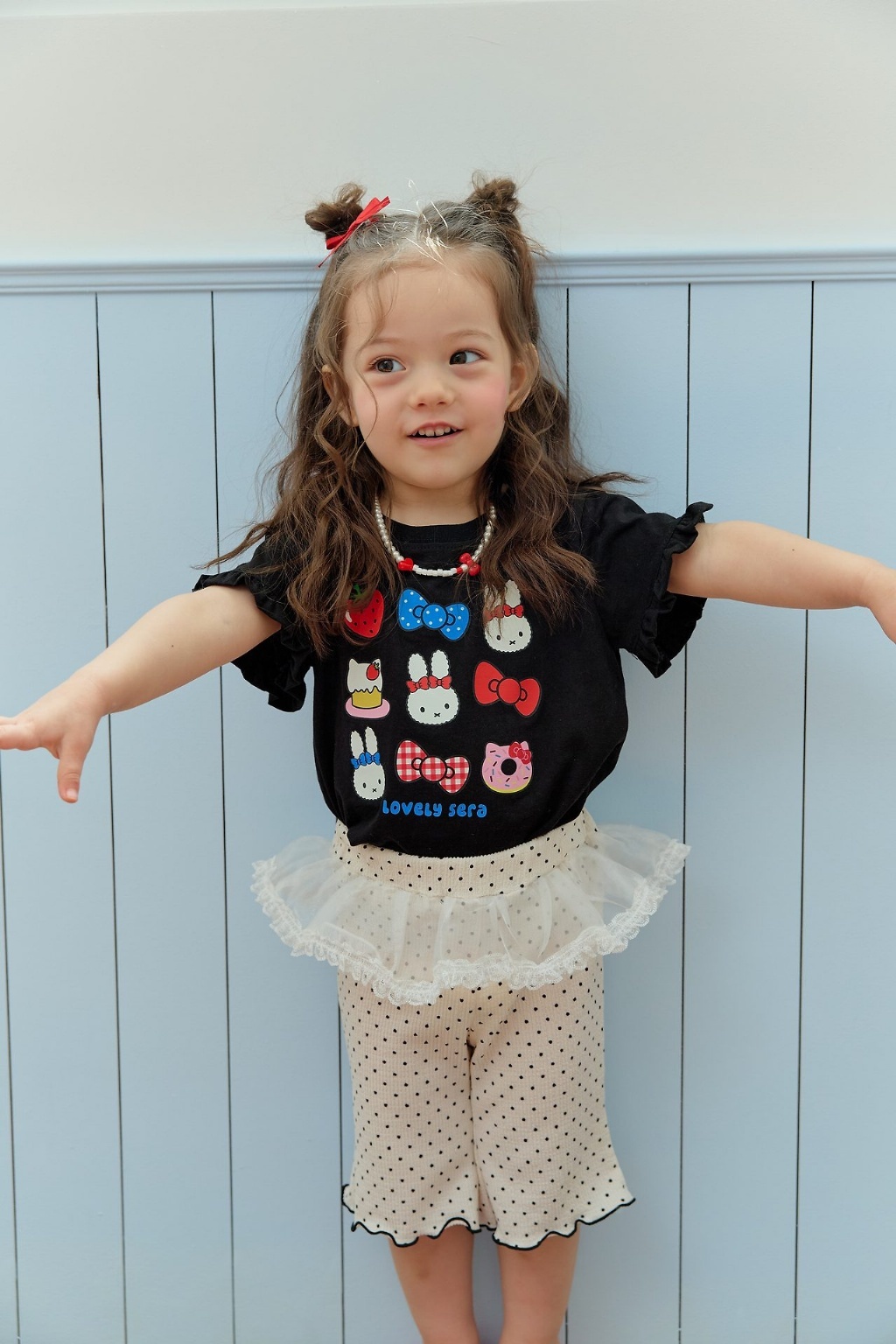 正韓夏SERA 點點條紋拼接蕾絲木耳內搭褲