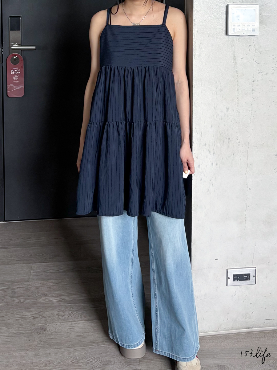 細肩線條寬鬆短洋裝(藍)