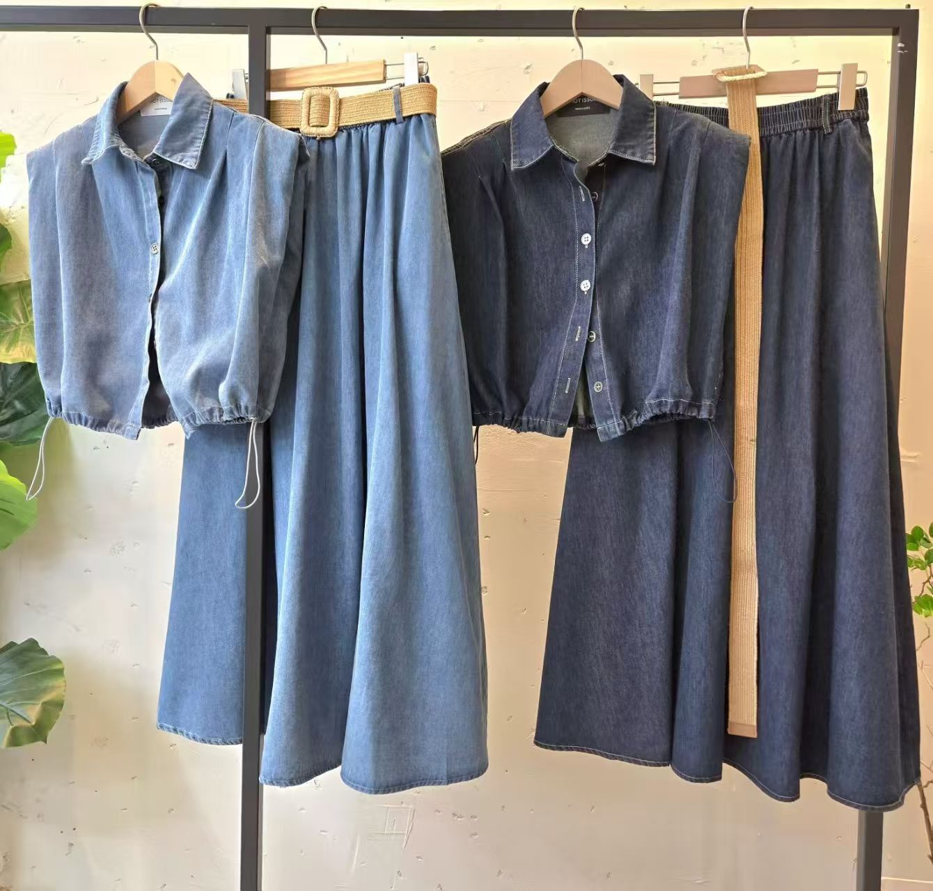 HP6003 波希米亞牛仔上衣半裙皮帶套裝