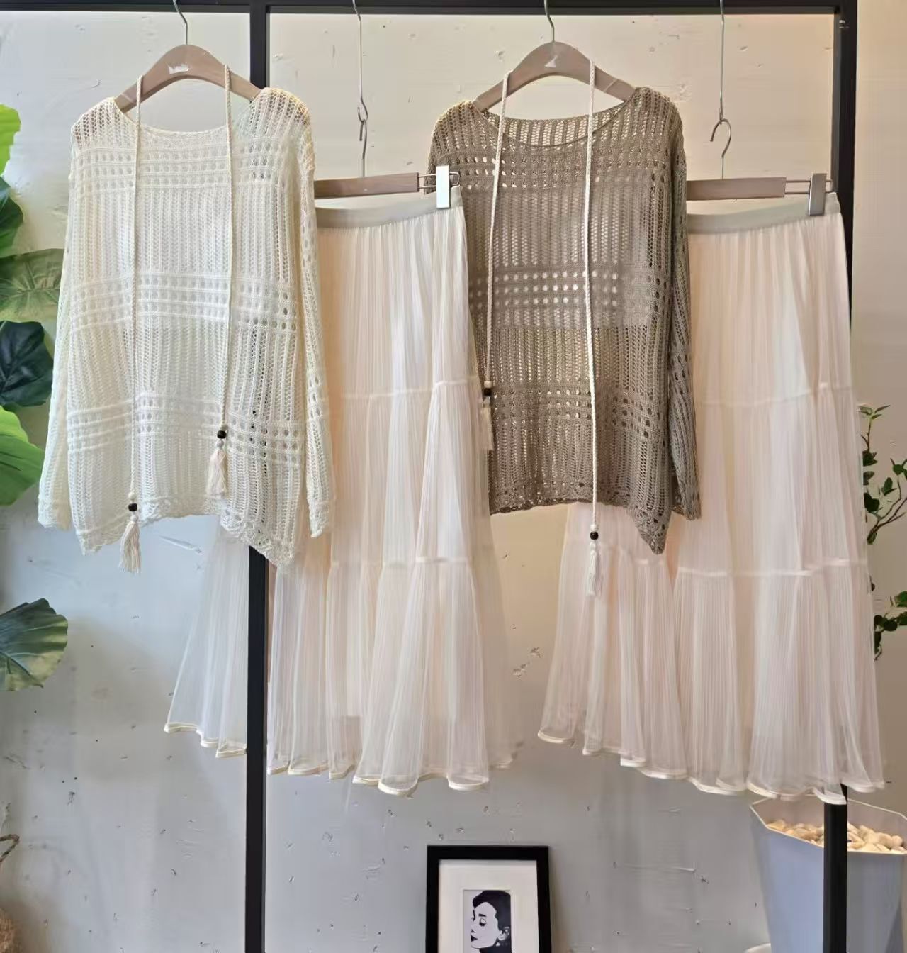 HP6008 鏤空格子針織半裙套裝