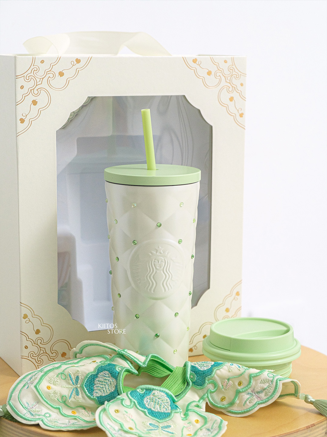 【預購】國外限定發售 2026 STARBUCKS 星巴克 春序紋樣系列 水綠色鑽 菱格紋禮盒 591ML