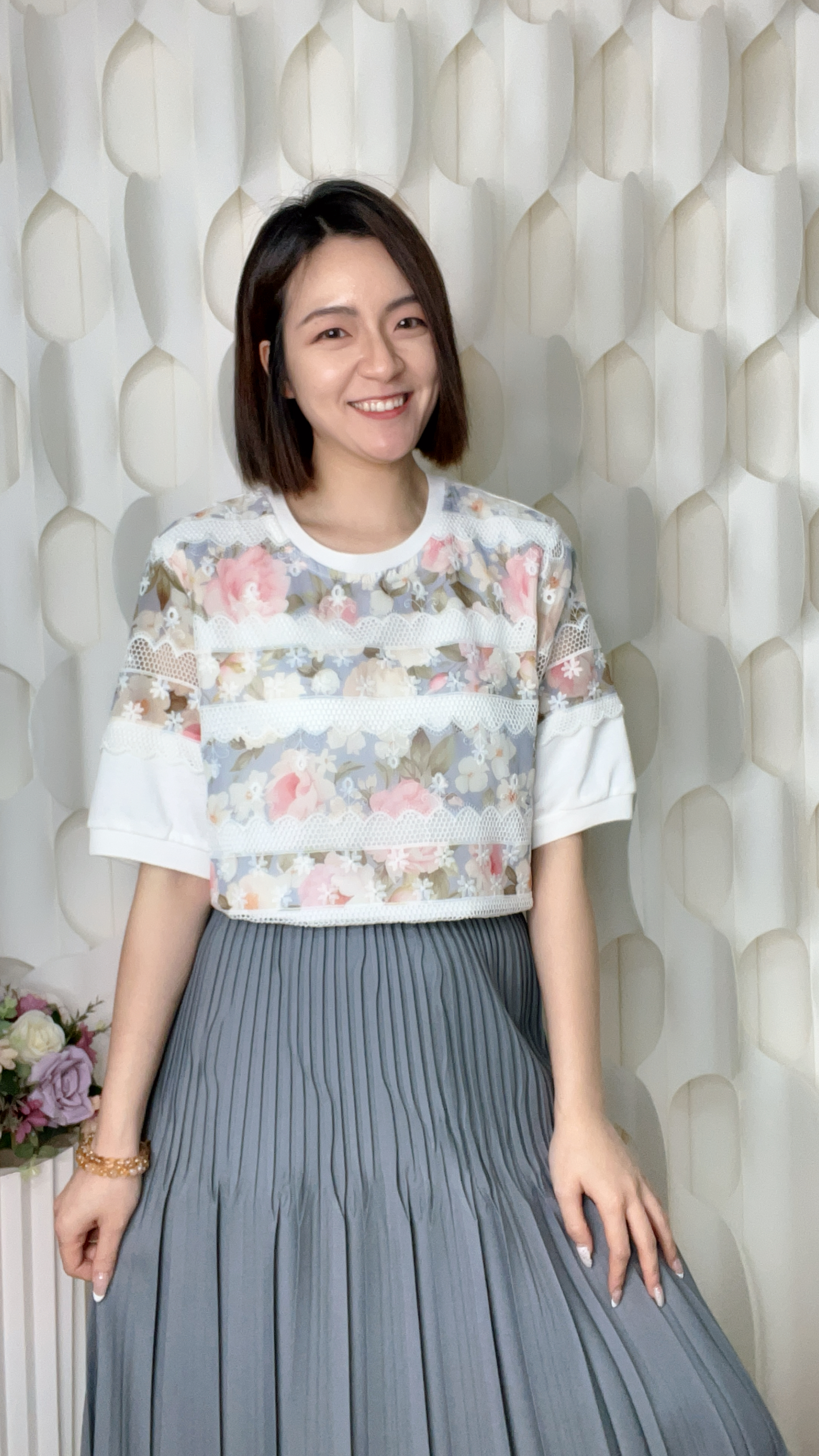 印花刺繡雪紡拼棉質上衣(胸42 腰42 長23吋) 7425 #0704clo