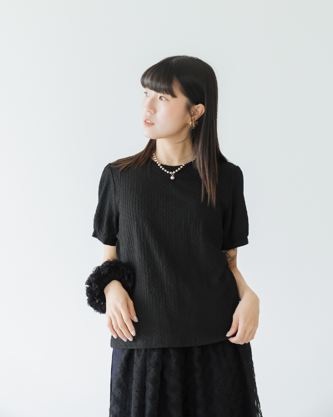 【 Kiki.co made 】Puff Sleeve Waffle Tee - Black