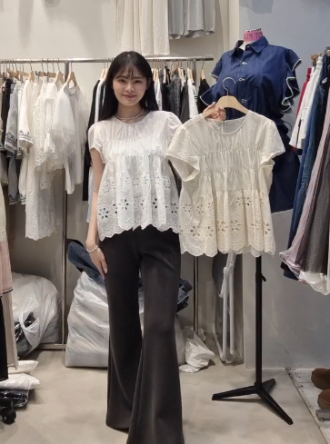 HP6013 鏤空刺繡荷葉短袖上衣