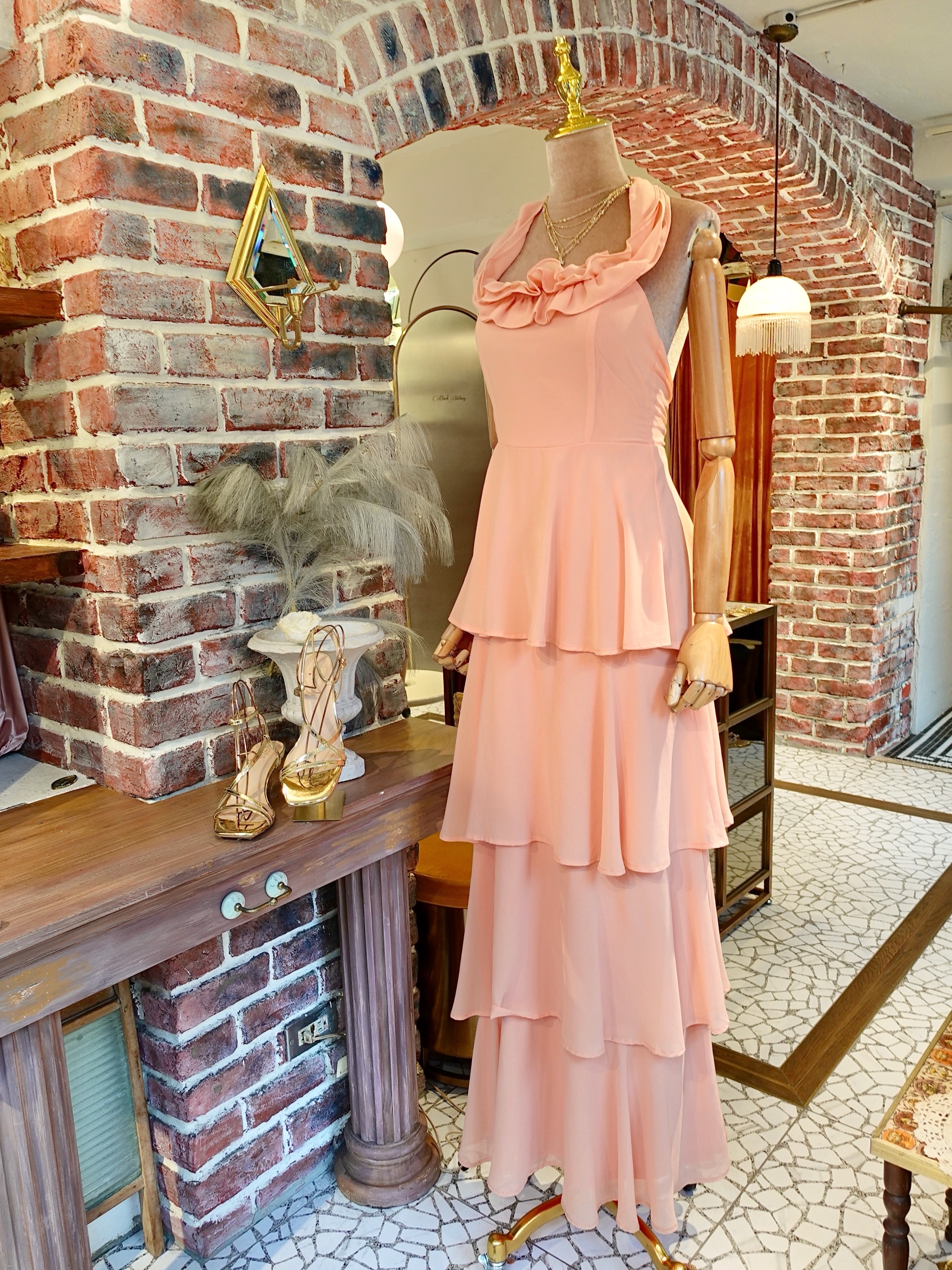 Peach珊瑚粉橘色雪紡紗多層荷葉Maxi Dress