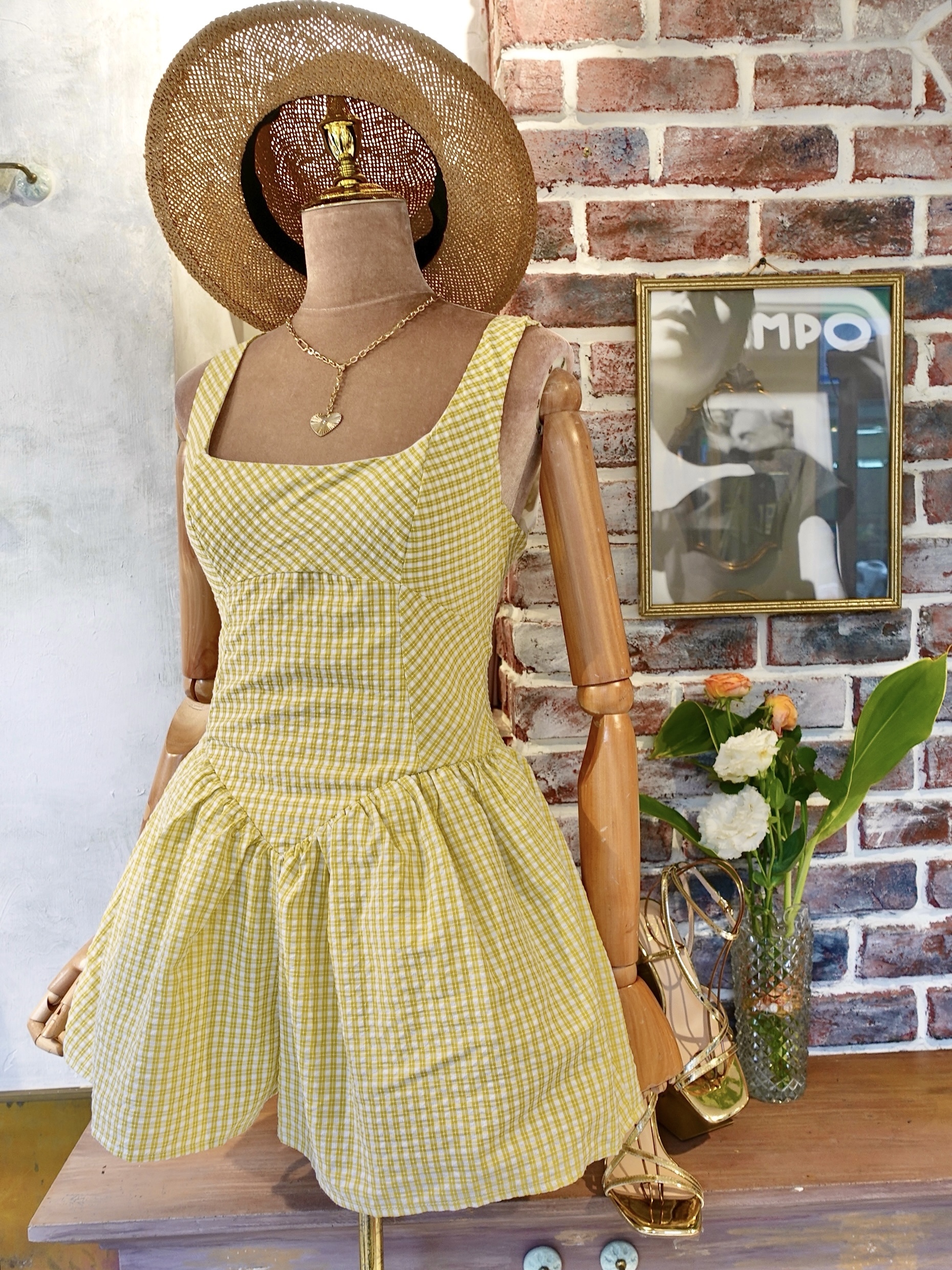 Butter Yellow奶油黃色小格紋連身短褲裙