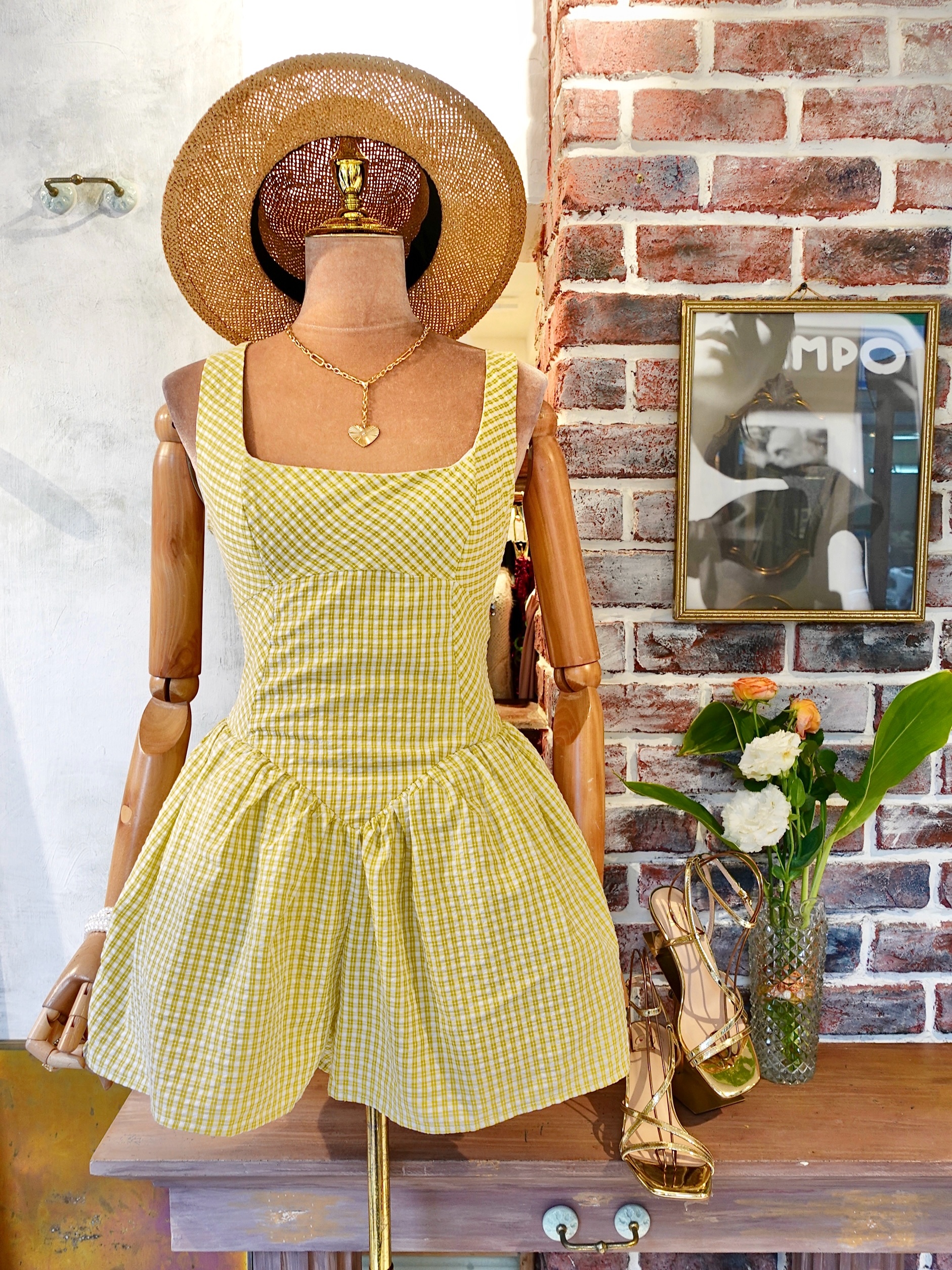 Butter Yellow奶油黃色小格紋連身短褲裙