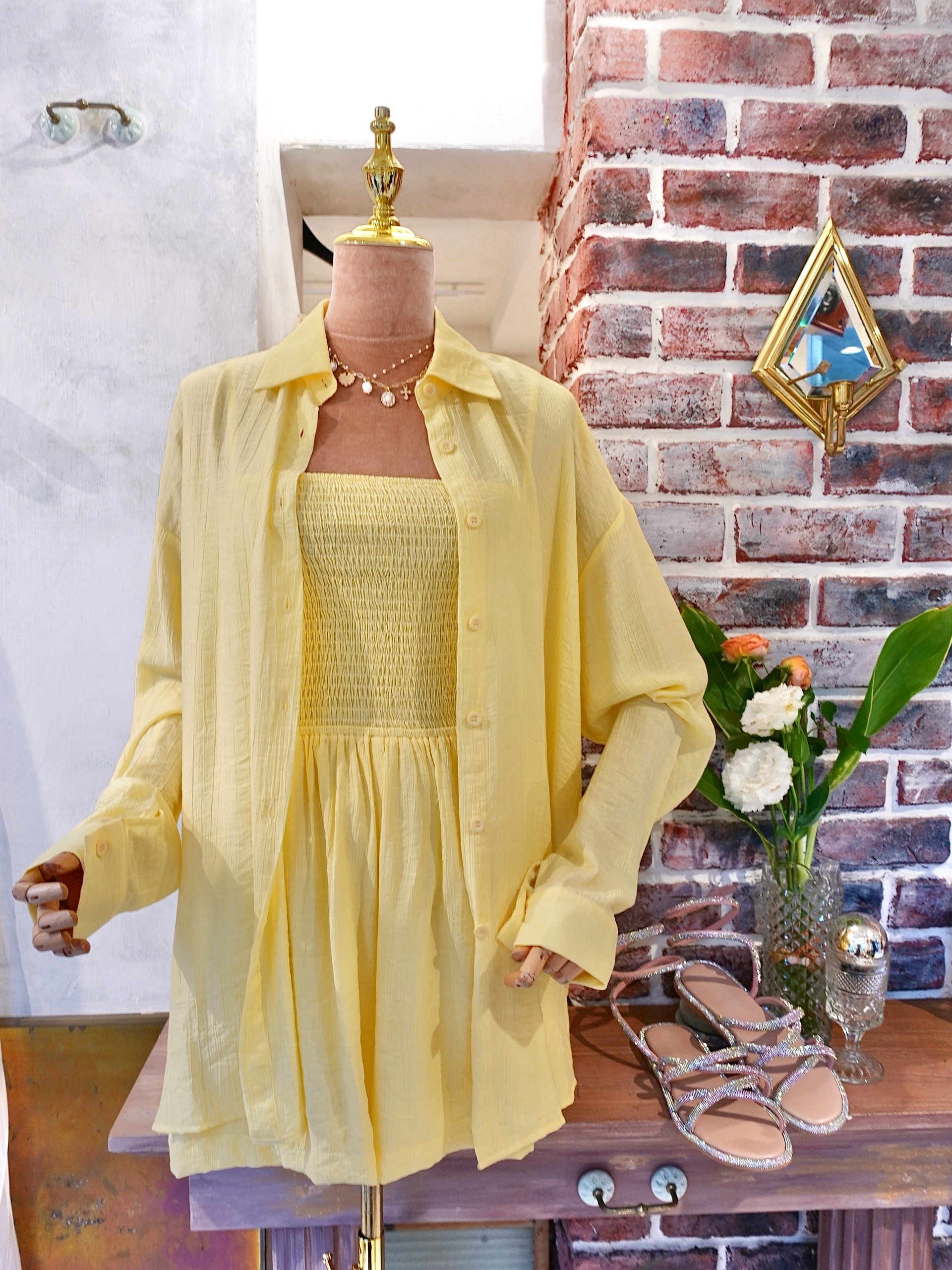 Butter Yellow奶油黃色抽皺連身短褲+襯衫套裝