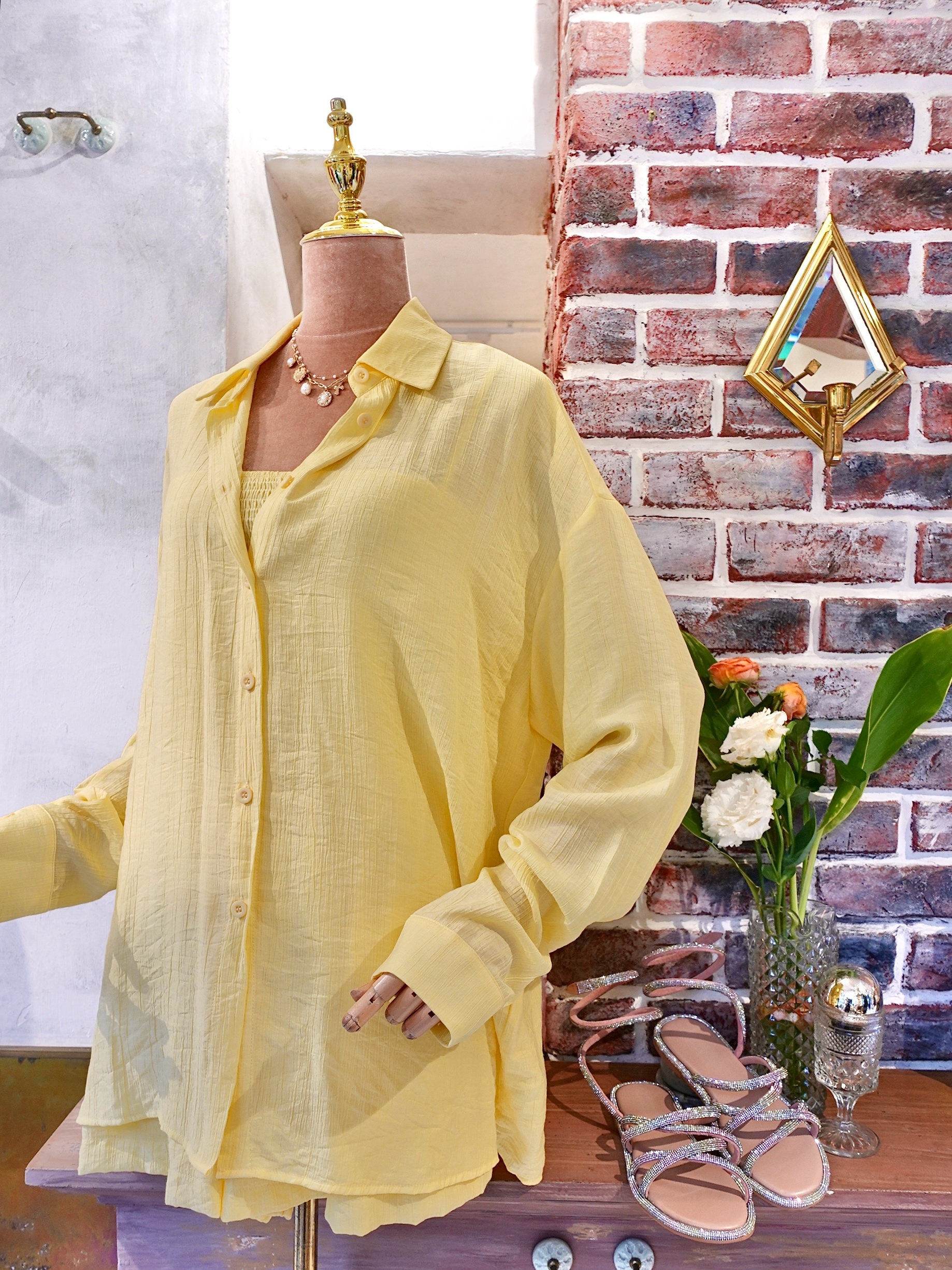 Butter Yellow奶油黃色抽皺連身短褲+襯衫套裝