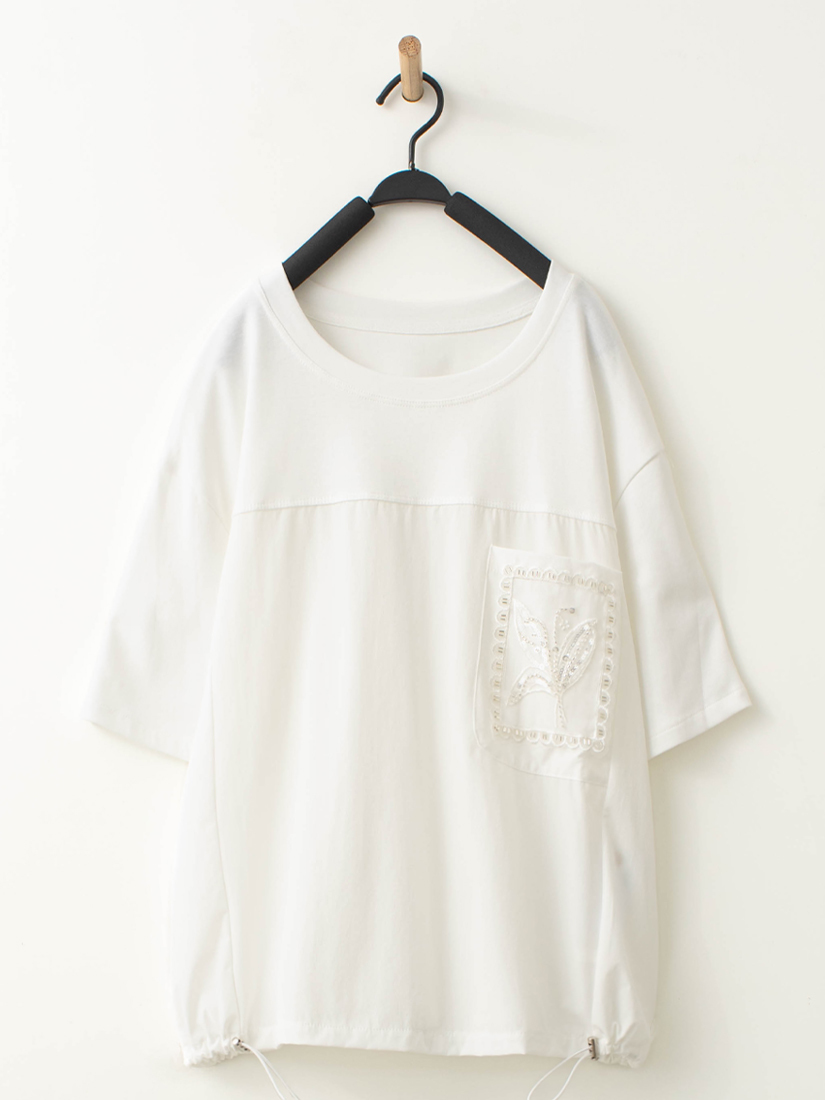 蕾絲縫珠口袋下擺抽繩上衣繡花純棉褲組合