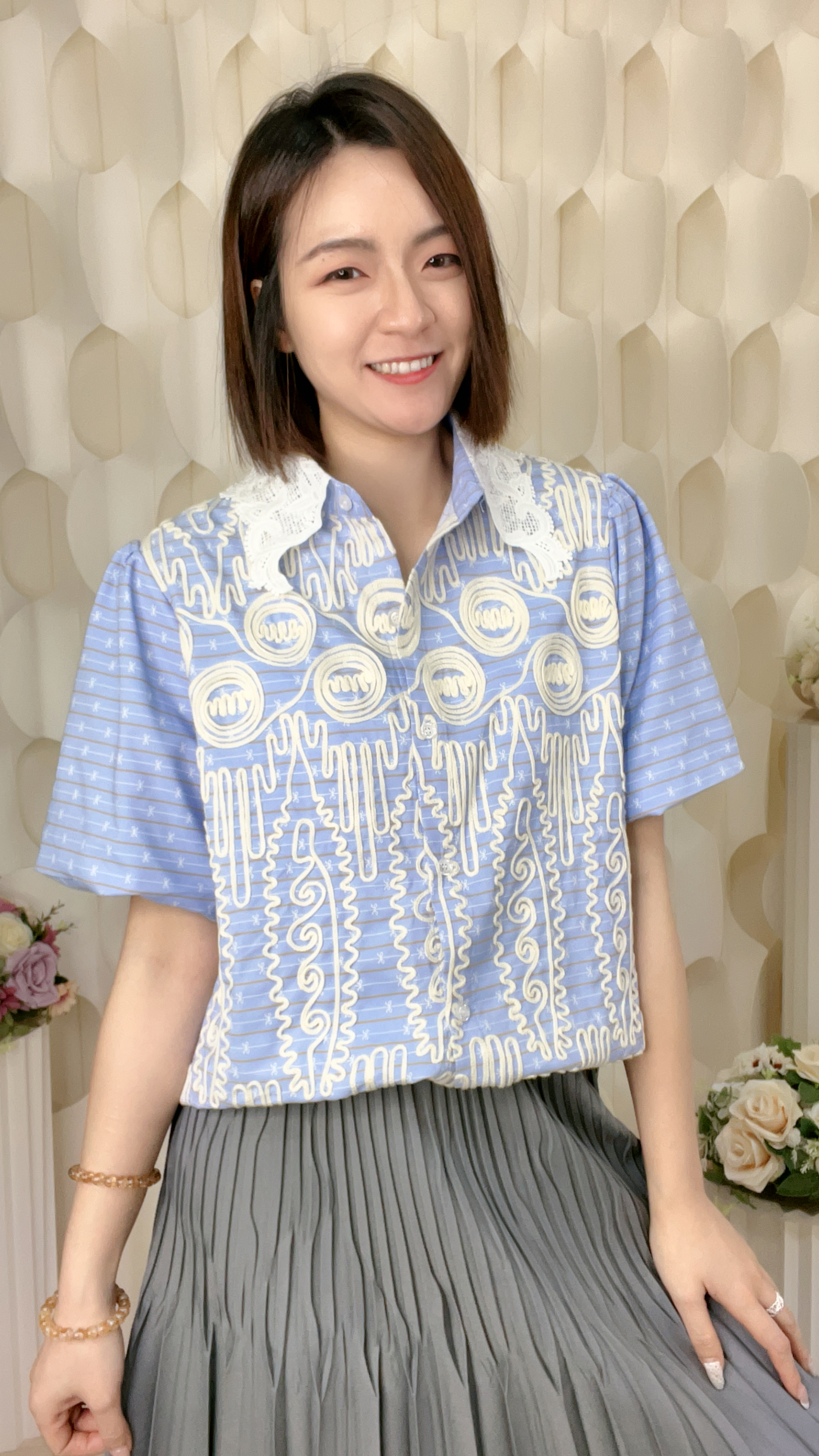 刺繡LACE反領恤衫料上衣(胸42 腰44 長21吋)7610 #0704clo