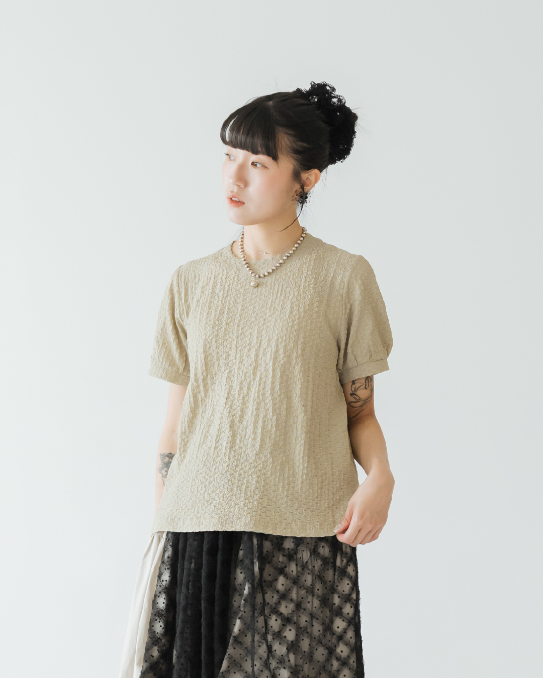 【 Kiki.co made 】Puff Sleeve Waffle Tee - Light green