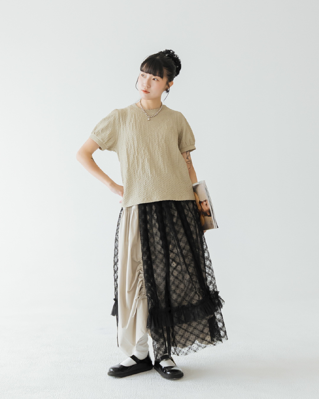 【 Kiki.co made 】Puff Sleeve Waffle Tee - Light green