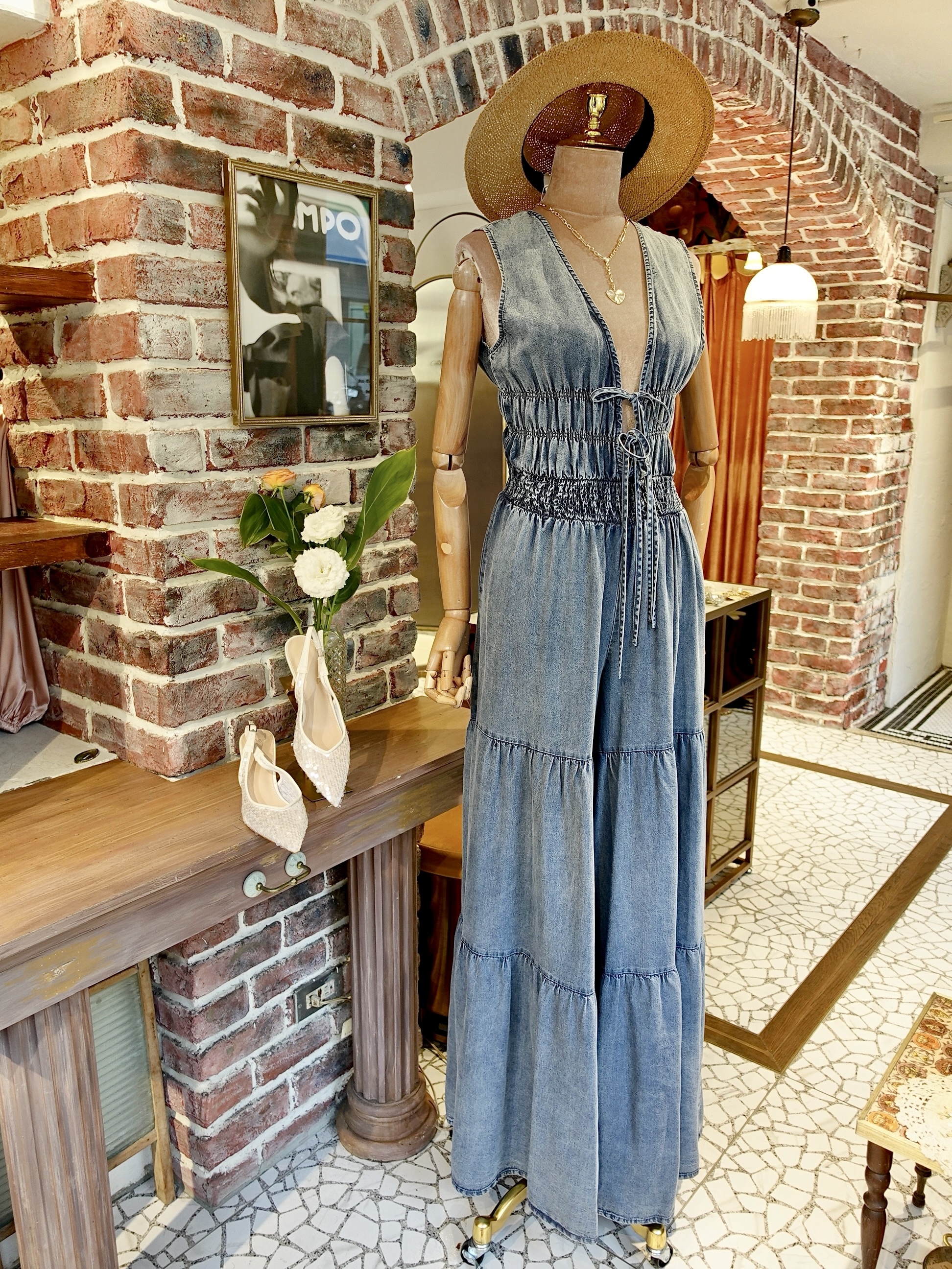 Denim Love藍色丹寧抽皺綁帶連身長寬褲