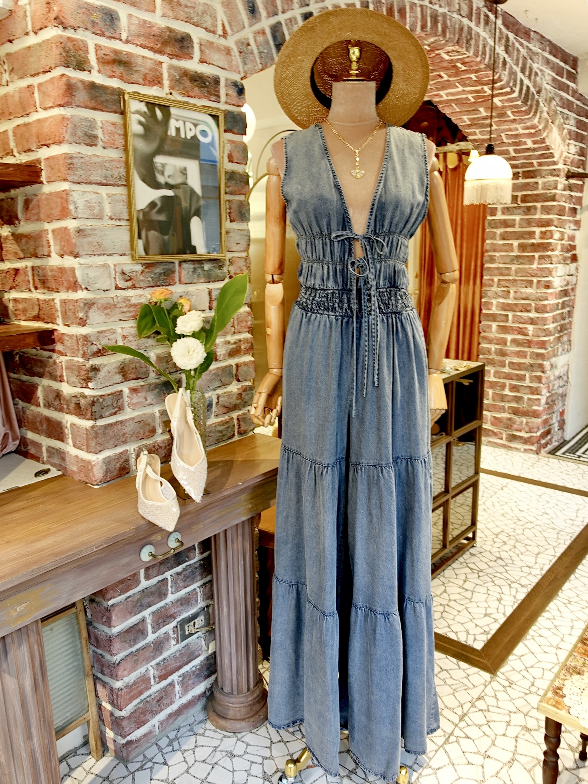 Denim Love藍色丹寧抽皺綁帶連身長寬褲