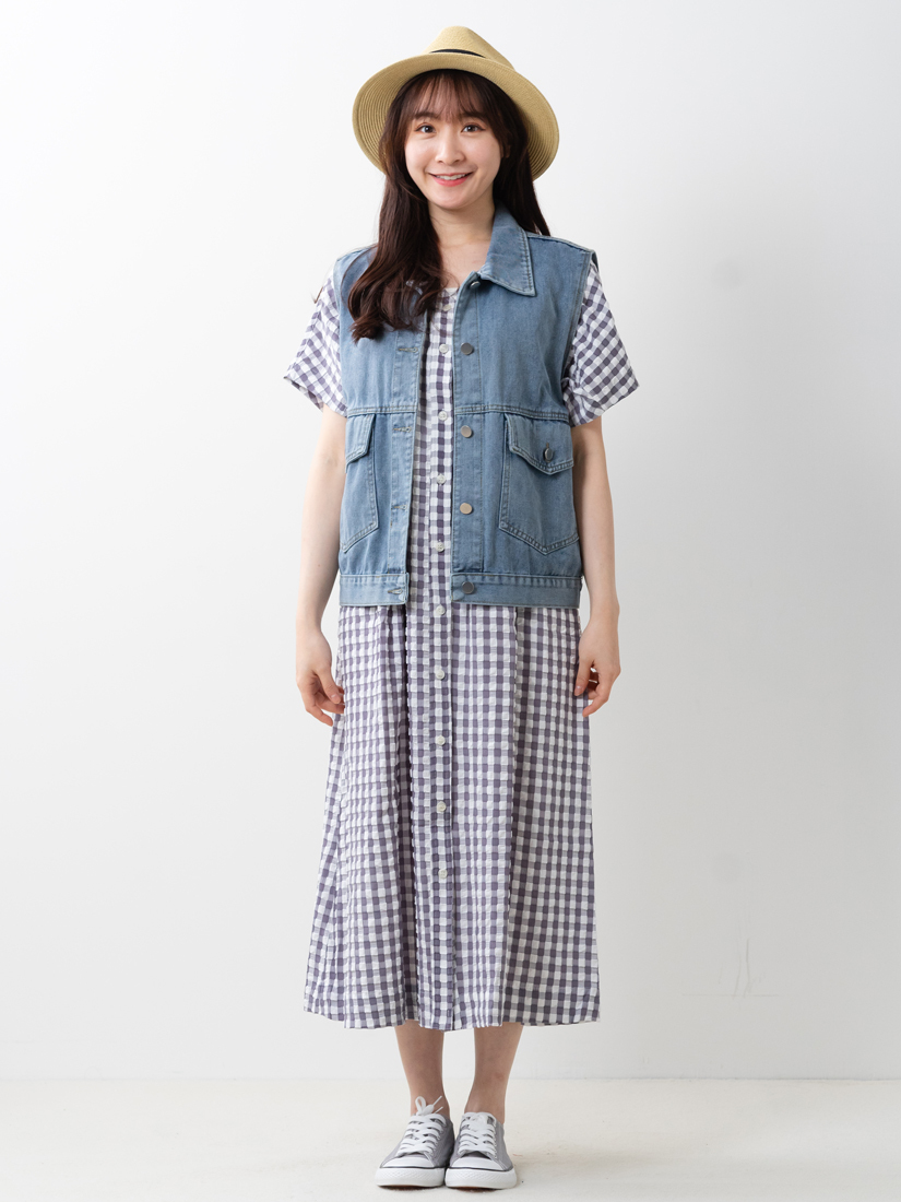 剪接口袋牛仔背心泡泡布格紋洋裝組合