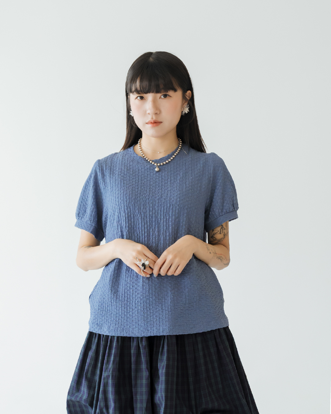 【 Kiki.co made 】Puff Sleeve Waffle Tee - Denim blue