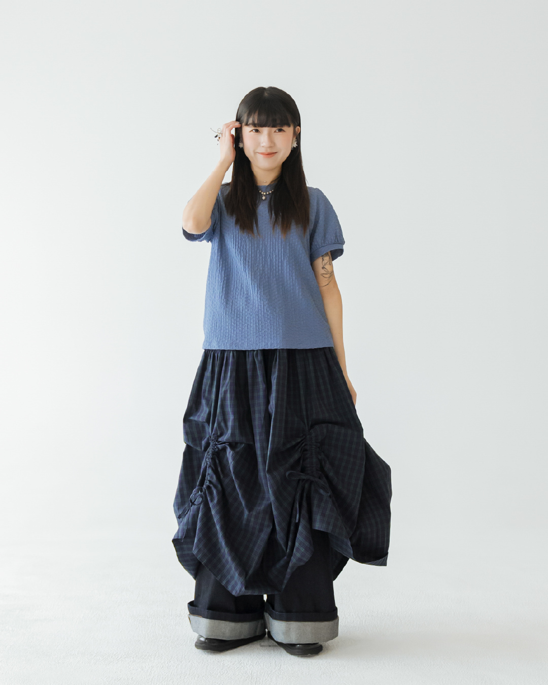 【 Kiki.co made 】Puff Sleeve Waffle Tee - Denim blue