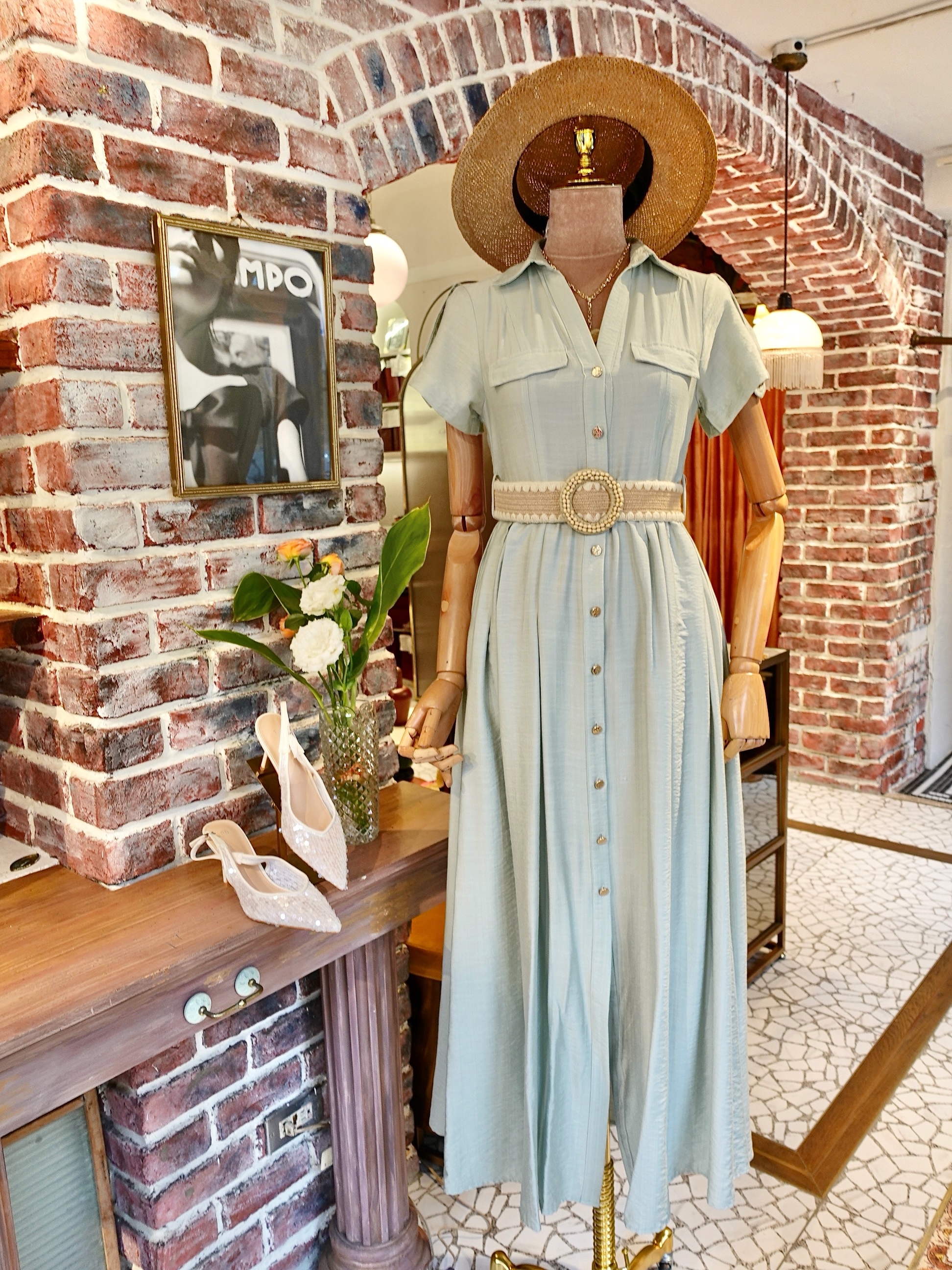 Sage鼠尾草綠色編織腰帶襯衫Maxi Dress