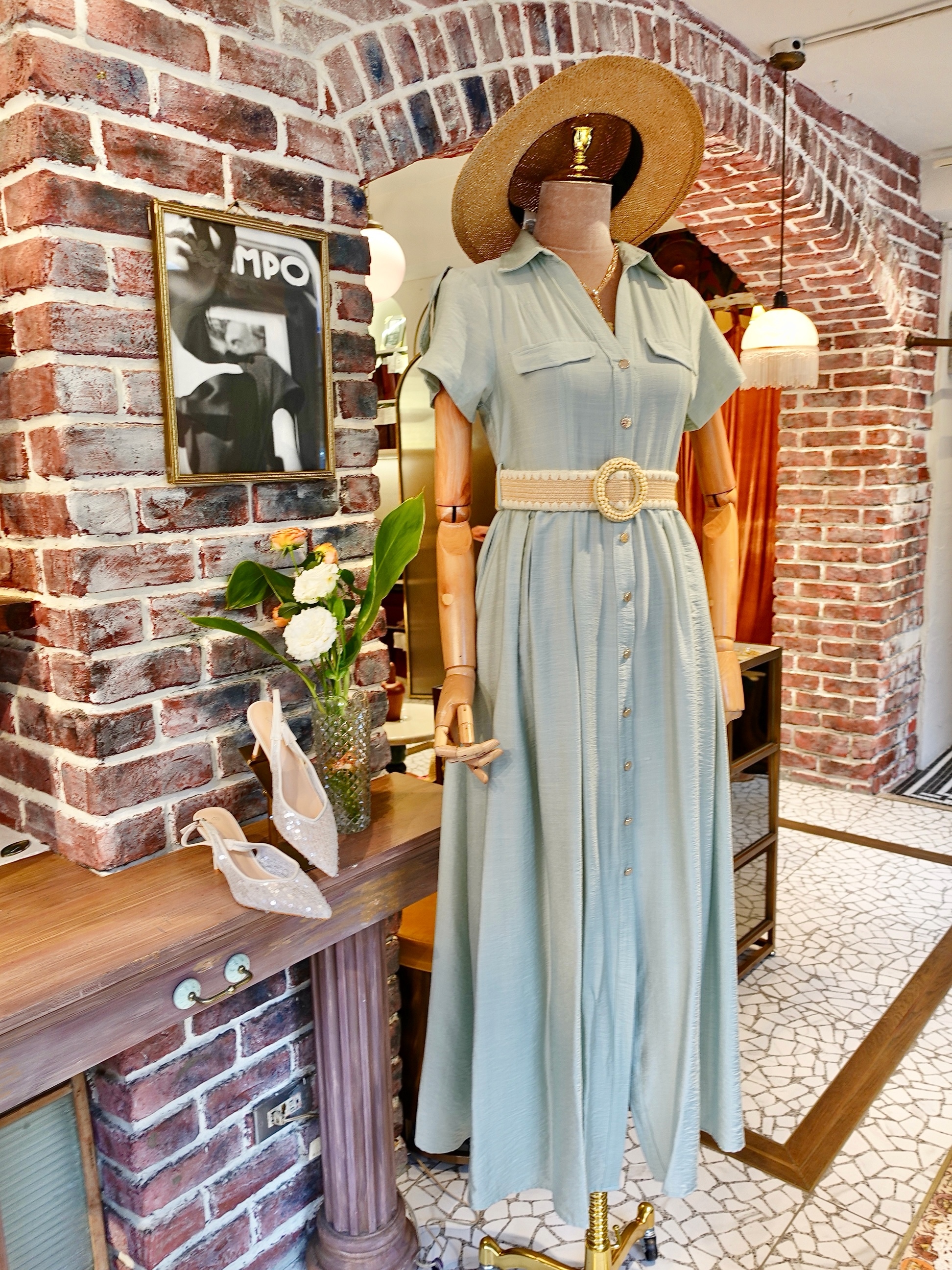 Sage鼠尾草綠色編織腰帶襯衫Maxi Dress