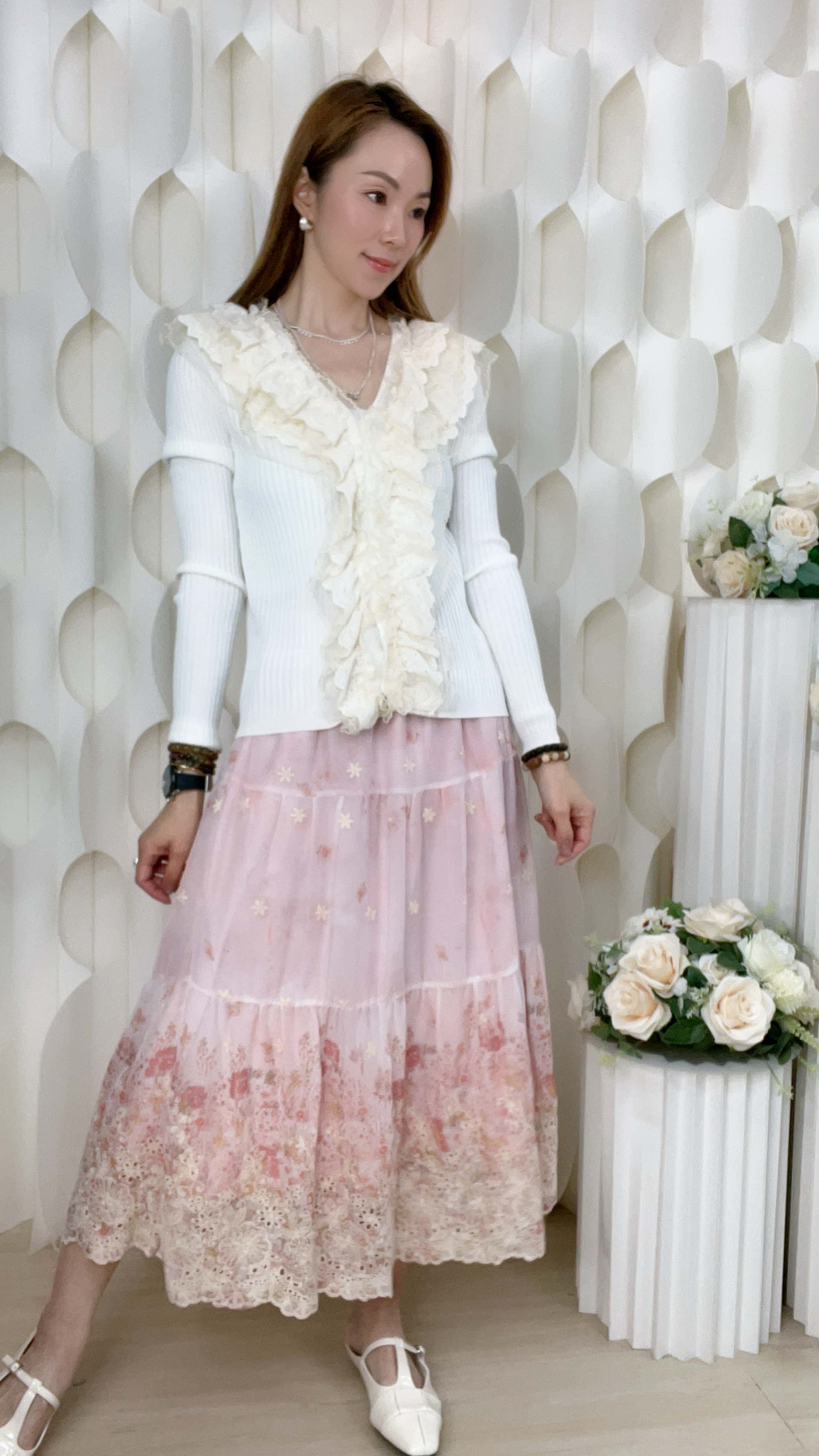 柔和刺繡花橡筋腰雪紡半截裙(腰26-34 臀47 長31 吋)3826 #0704clo